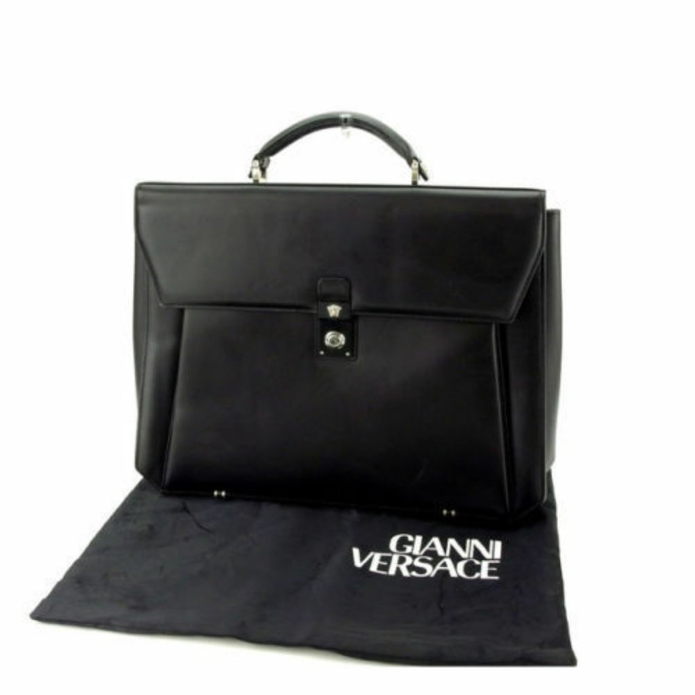 AUTH  Gianni Versace Business bag Medusa Black Silver Mens